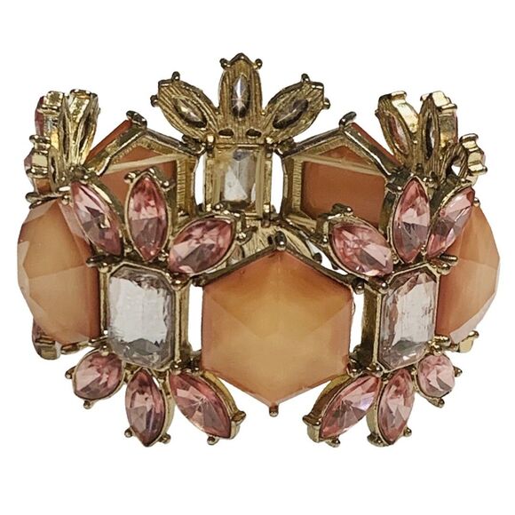 VTG Pink Rhinestone Flower Wide Bracelet 7" Silver Tone Cottagecore Trendy - Picture 5 of 10